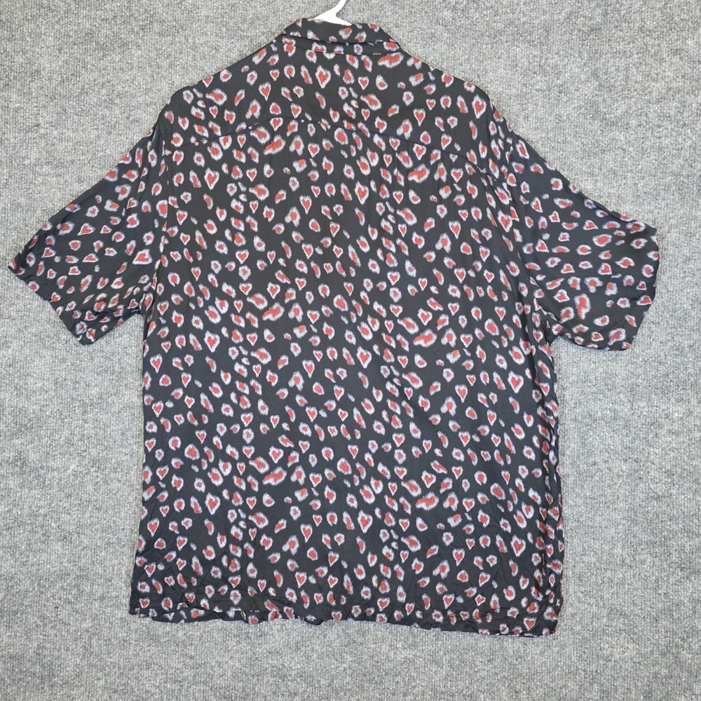 AllSaints Romantik Shirt Large Black Red Heart Viscose Relaxed Fit Button Down